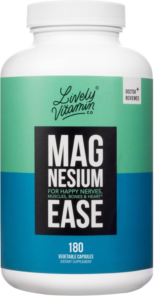 Vitamina Lively Co. Magnesium Ease - Chelated - Highly Bioavailable - Tension - Estrés - Nerves - Función Inmunitaria - RLS - Soy de lácteos líquidos gratis - No GMO - 180 cápsulas veganos