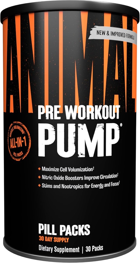 Suplemento de Pre-Workout de Bomba de Animales – para la energía, el foco y la voluminización del músculo, con Boosters de óxido nítrico incluyendo Estims y Nootropics, Creatine y Ultimate Pump Enhancer, 30 Packs