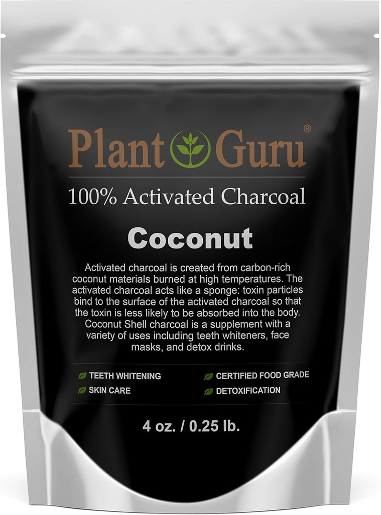 Pólvora de carbón activada 4 oz. Coco - Grado de alimentos Kosher Non-GMO - Blanqueamiento de dientes, Máscara facial y fabricación de jabón. Promueve la desintoxicación natural y ayuda a la digestión