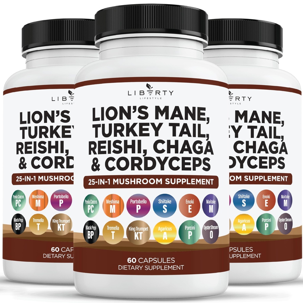 León Mane Mushroom Suplemento con Turquía Tail Reishi Cordyceps Chaga con Marshmallow Root - 3-Pack