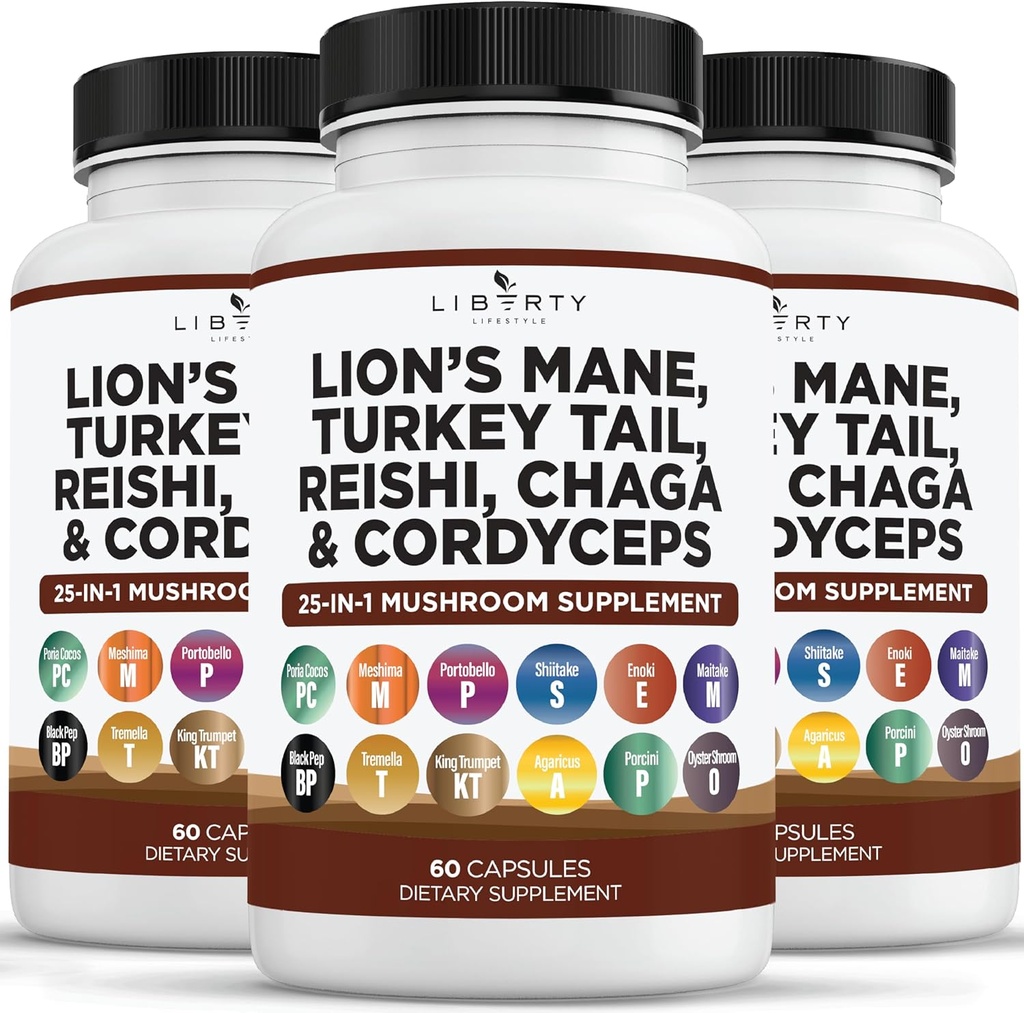 León Mane Mushroom Suplemento con Turquía Tail Reishi Cordyceps Chaga con Marshmallow Root - 3-Pack