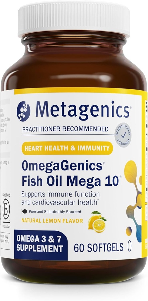 Metagenics Omega Genics Mega 10 Omega Suplemento- con Omega-7, 330 mg EPA & 170 mg DHA para la salud cardíaca*- Fuente sostenible " No Fishy Aftertaste - No Gluten-Free - 60 Softgels