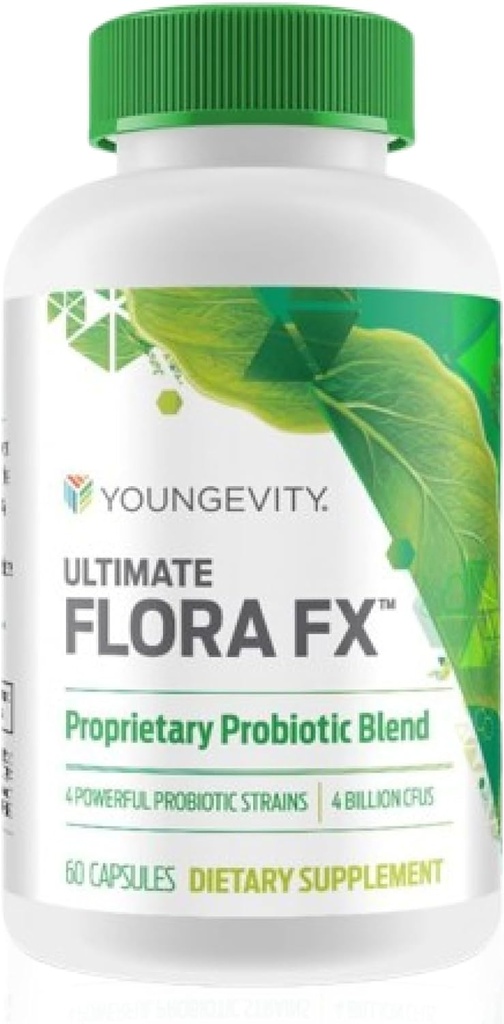 Youngevity Ultimate Flora FXTM – Suplemento Prebiótico y Probiótico – apoya la salud digestiva y el microbioma Gut – 4 millones CFU – Glucono Delta Lactone – 60 cápsulas vegetarianas