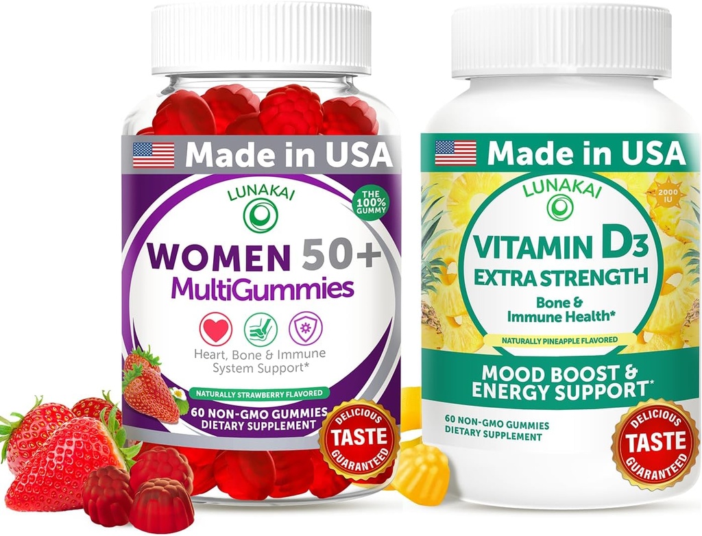 Lunakai USA Made Women’s 50+ Multivitamin & Vitamin D3 Gummies Bundle, Supports Bone, Heart, Immune & Energy Health, Non-GMO, Gluten-Free, Delicious Strawberry & Pineapple Flavors, 60ct Each