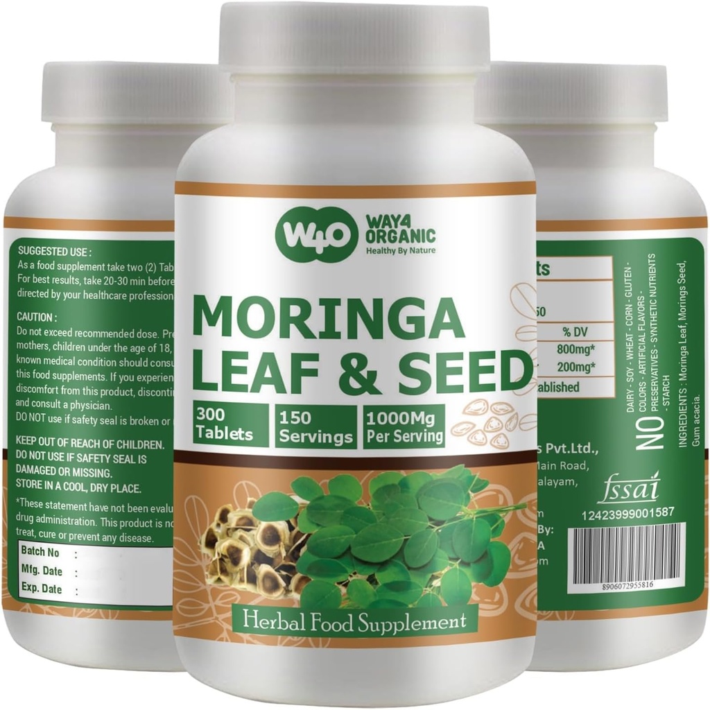 Moringa Oleifera Leaf and Seed Powder (80:20) Ratio 300 Pills(Tablets), 150 Servings, 1000 mg. Uncoated Malunggay Herbal Supplement, No Chemical Coating, Green Superfood. Paquete de 1.