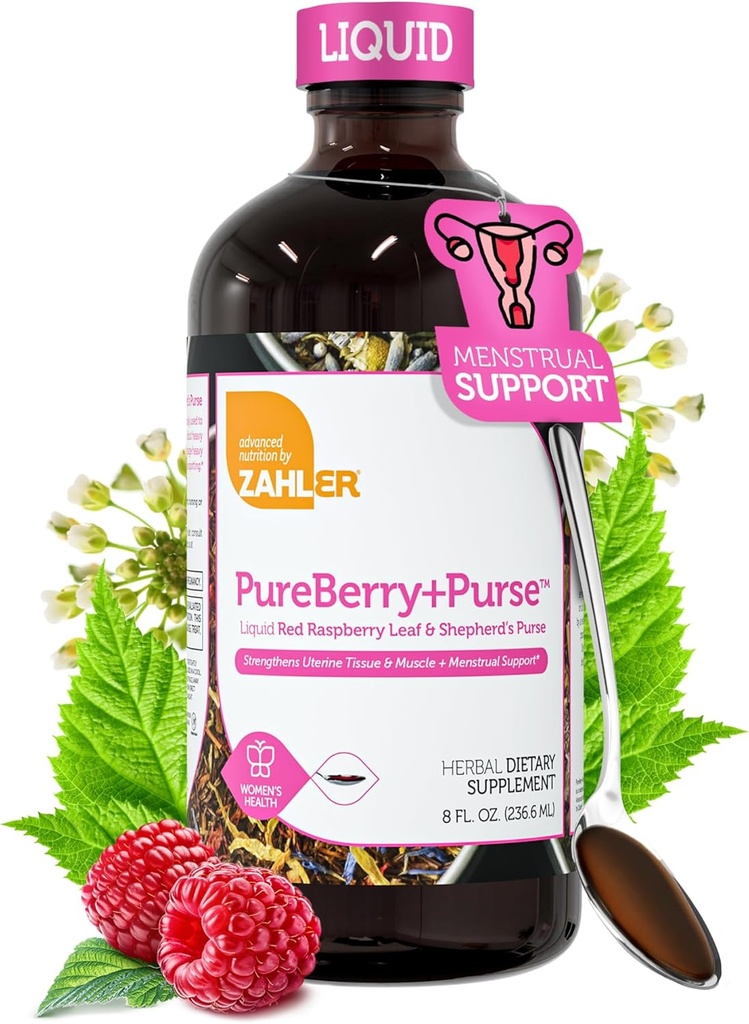 Zahler PureBerry+Purse, Líquido Raspberry Leaf & Sheperd's Purse, fortalece el tejido uterino, certificado Kosher, 8OZ