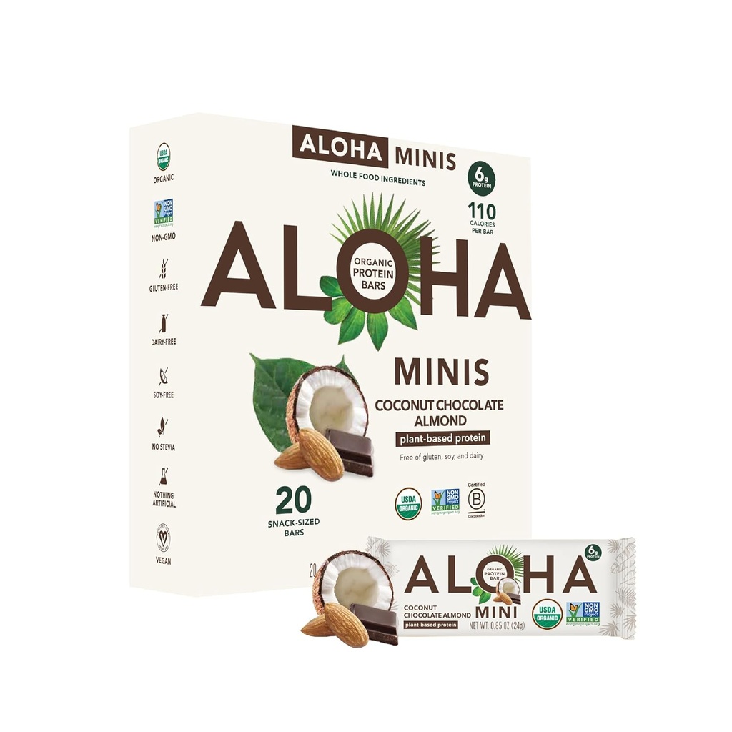 ALOHA Organic Plant Based Protein Bar MINIS ←Coconut Chocolate Almond TEN 20 Conde, 24g Bares ← Vegan, Low Sugar, Gluten Free, Paleo, Low Carb, Non-GMO, Stevia Gratis, No Sugar Alcohol