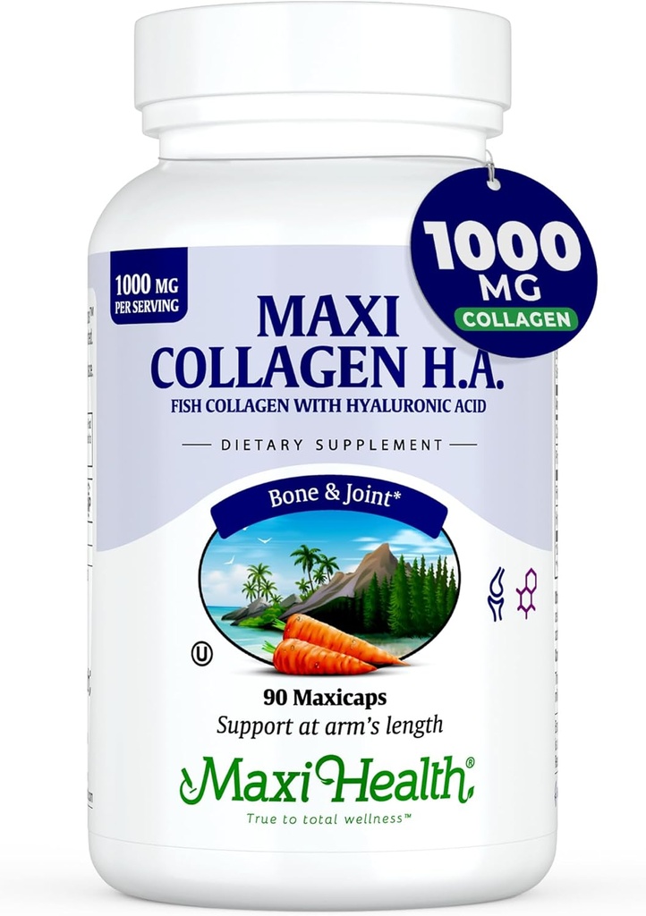 Maxi Health Marine Collagen Pills – 1000 mg Tipo 1 Collagen for Women &amp; Men with Hyaluronic Acid Supplement for Joint & Skin Support – Unflavored, Clean Kosher Capsules (90 Maxicaps)