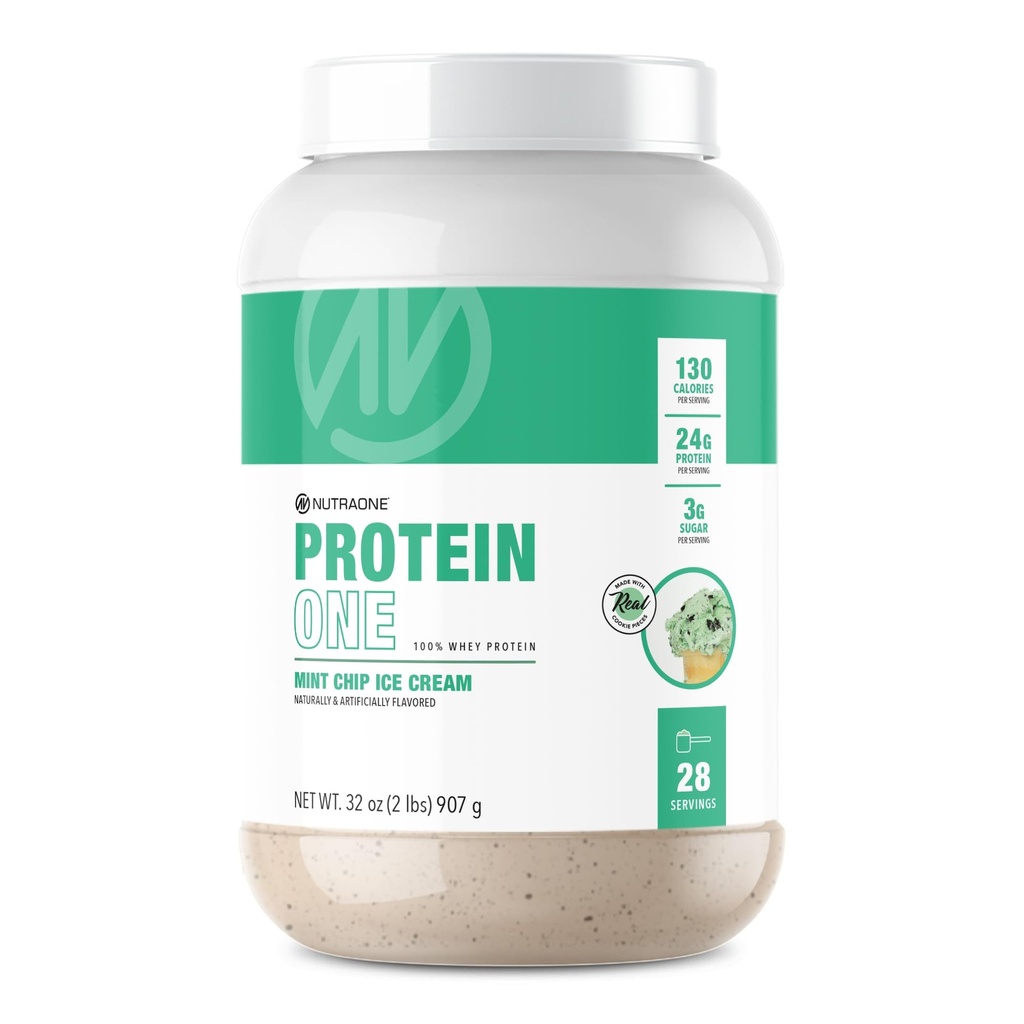 NutraOne ProteinOne Whey Protein Promover la recuperación y construir músculo con una pólvora Protein Shake para Hombres &amp; Mujeres (Mint Chip Ice Cream, 2 LB)