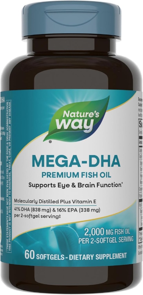 Camino de la Naturaleza Mega-DHA Premium Fish Oil, soporta la función de ojo y cerebro*, Omega-3, 2.000 Fish Oil mg por 2-Softgel Serving, 60 Softgels (Paquete May Vary)