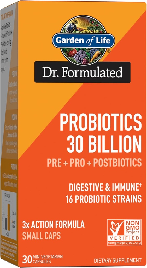 Jardín de la vida Dr Formulado Probióticos 30 Billones CFU Pre + Pro + Postbióticos para Hombres y Mujeres Apoyo Digestivo e Inmunitario, Potato, Acacia, Metabolitos Postbióticos, 30 Mini cápsulas vegetarianas