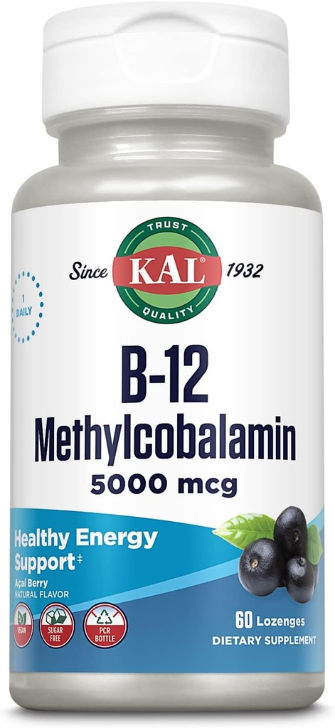 KAL Vitamina B-12 Methylcobalamin Lozenges 5000mcg, Energía sana, metabolismo, Nerve &amp; Red Blood Cell Support,* Absorción óptima, Natural Acai Flavor, Vegan, Sugar Free, 60 Servings, 60 Lozenges