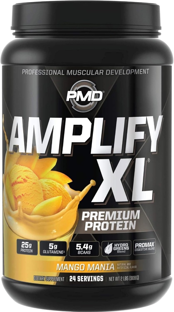 PMD Sports Amplificar XL Premium Whey Protein Suplemento Hydro Greens Blend - Glutamine y Whey Protein Matrix con Superfood for Muscle, Strength y Recovery - Mango Mania (24 Servings)