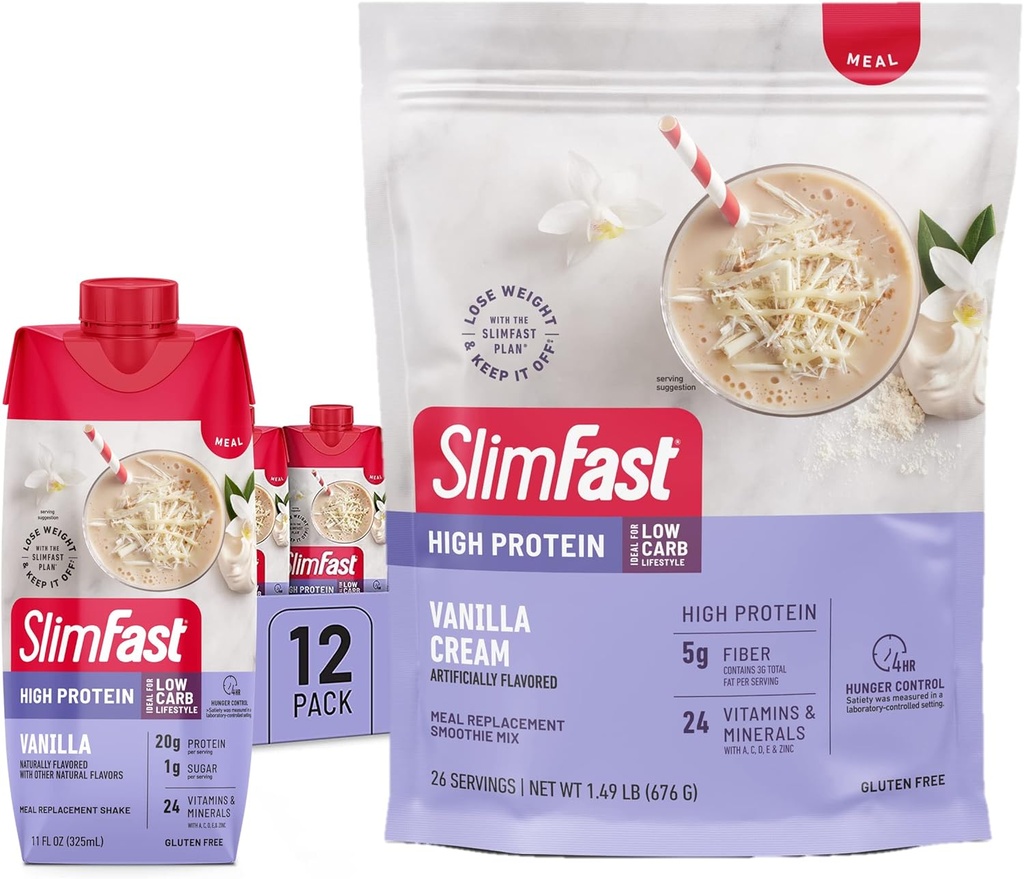 SlimFast High Protein Vanilla Bundle- 12 Conde de Vainilla High Protein Meal Replacement Shakes (20g Protein) con 26 Servimientos de Vainilla High Protein Powder Mix (20g Protein)