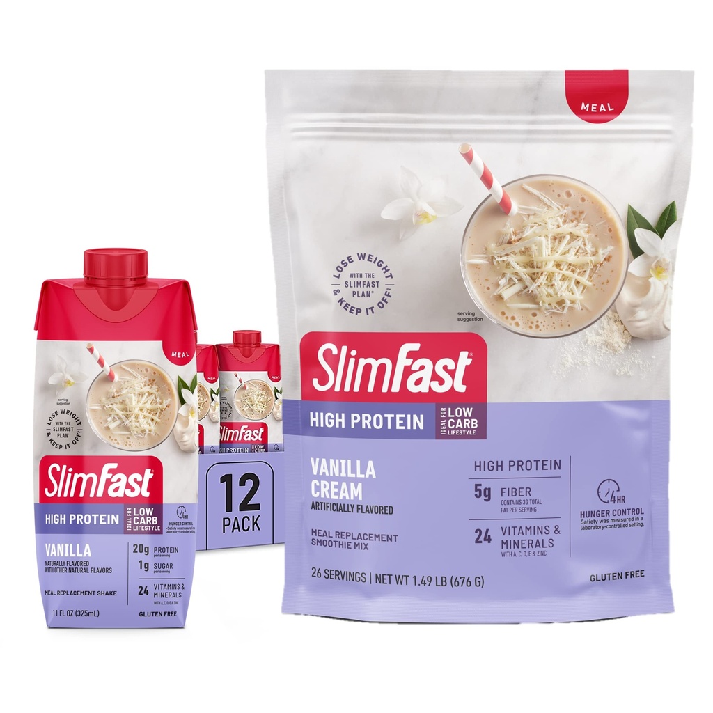 SlimFast High Protein Vanilla Bundle- 12 Conde de Vainilla High Protein Meal Replacement Shakes (20g Protein) con 26 Servimientos de Vainilla High Protein Powder Mix (20g Protein)