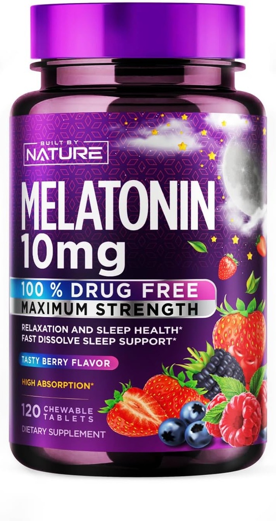 Built by Nature Melatonin 10mg Chewables – Max Strength Melatonin - Fast Dissolve Chews for Adults – Drug-Free Sleep Aid Supplement - Vegan, Non-GMO, Gluten-Free – Berry Flavor - 120 Chewable Tablets