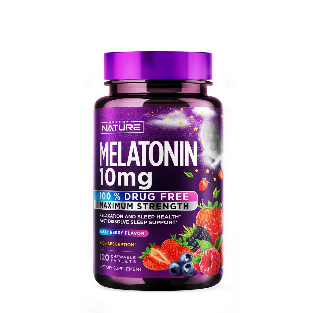 Built by Nature Melatonin 10mg Chewables – Max Strength Melatonin - Fast Dissolve Chews for Adults – Drug-Free Sleep Aid Supplement - Vegan, Non-GMO, Gluten-Free – Berry Flavor - 120 Chewable Tablets