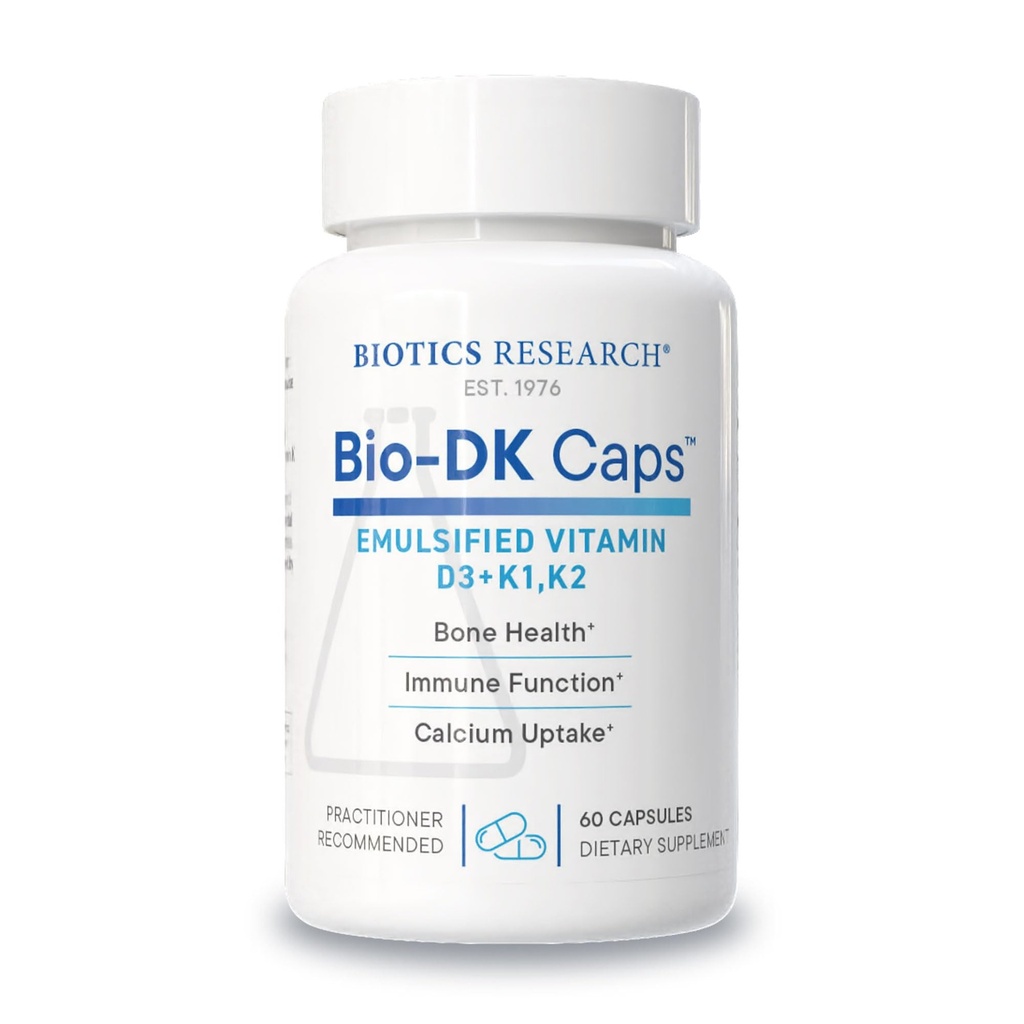Biotics Research Bio-DK CapsTM–Emulsified Vitamin D and K, Vitamina D3 125 mcg " Vitamina K (k1,k2) 550 mcg- MK7– Vitamina D3 K2 K1, Huesos más fuertes, fuerza muscular, corazón sano " .