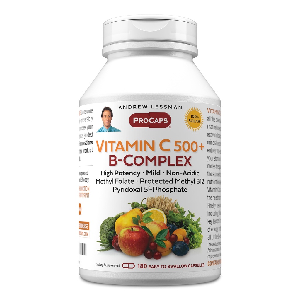 ANDREW LESSMAN Vitamin C 500 Plus B-Complex 180 Capsules - Non-Acidic Vitamin C Plus Citrus Bioflavonoids for Immune System and Anti-Oxidant Support. Easy-to-Swallow Capsules. No Additives