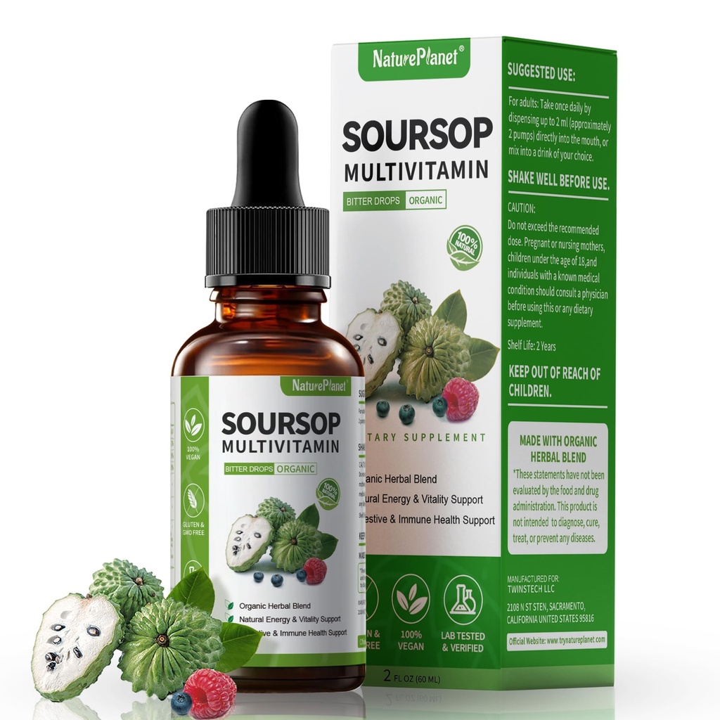 Graviola Soursop Bitters Liquid Drops with Vitamin C, D3, B6, 5000mg Soursop Fruit &amp; Leaf Extract + 10 Bitters Botanicals for Immune Support Digestive Health Antioxidant Boost VegaNon-GMO Vegan 2 Fl Oz