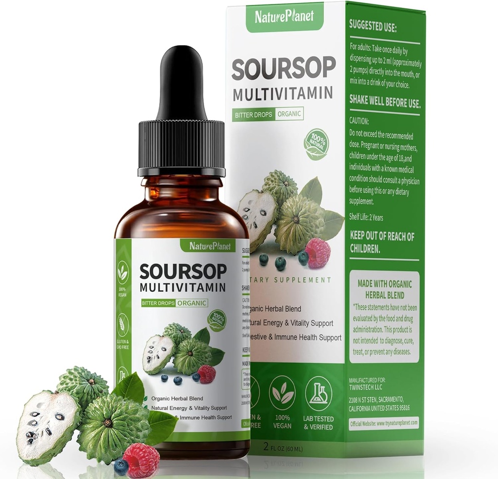Graviola Soursop Bitters Liquid Drops with Vitamin C, D3, B6, 5000mg Soursop Fruit &amp; Leaf Extract + 10 Bitters Botanicals for Immune Support Digestive Health Antioxidant Boost VegaNon-GMO Vegan 2 Fl Oz