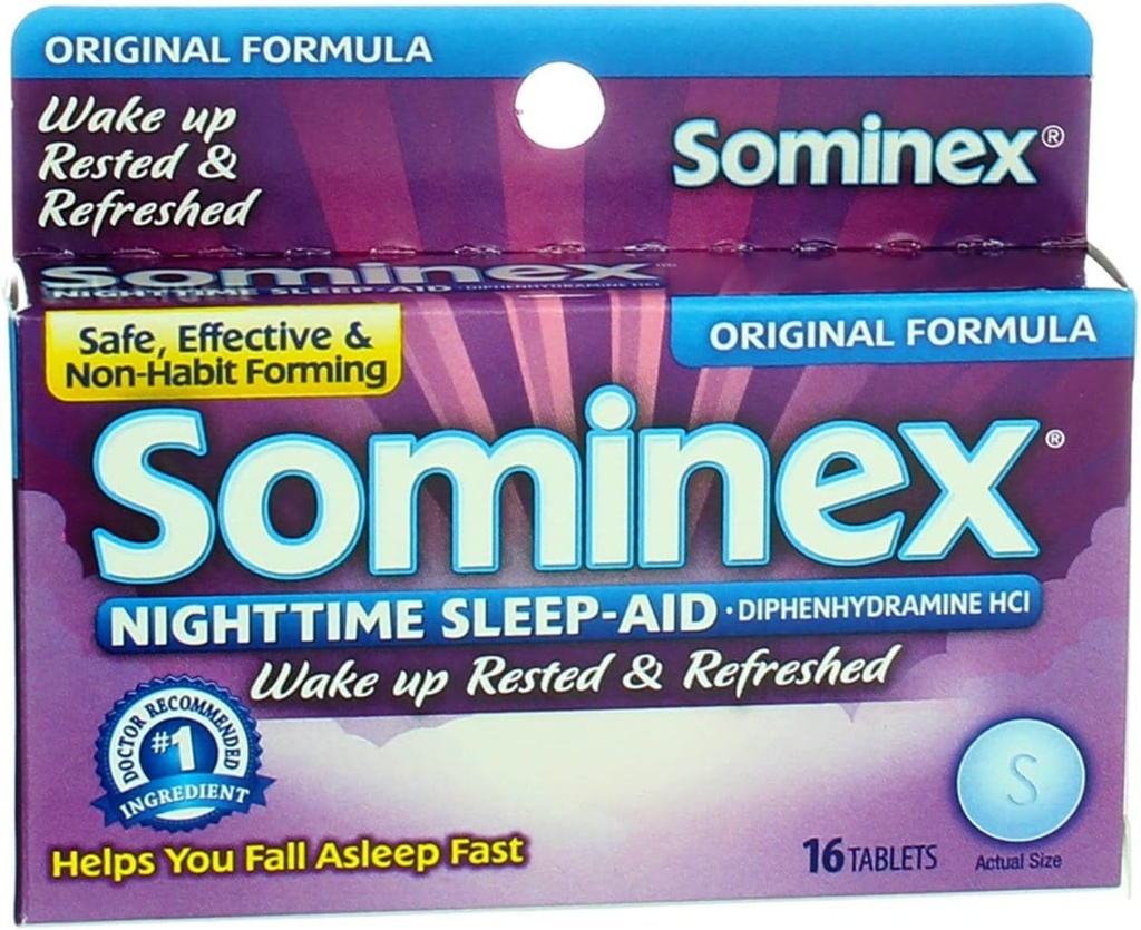 Sominex Nighttime Sleep-Aid con Diphenhydramine HCl 25 mg, Fórmula original, 16 Tabletas, (Pack of 1)