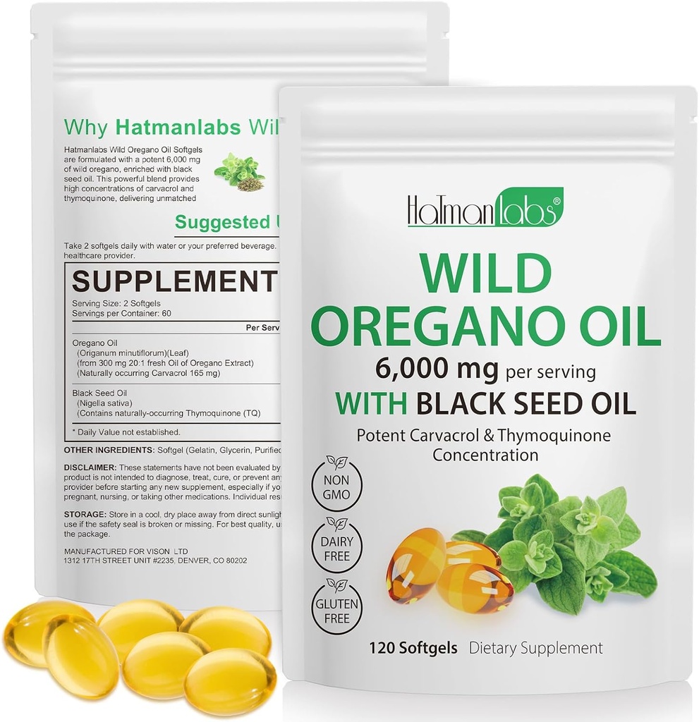 Oil of Oregano Capsules - Ingredients Oil of Oregano Softgels - 2 in 1 6000mg Oil of Oregano with Black Seed Oil 200mg - High Carvacrol & Thymoquinone for Immune Support