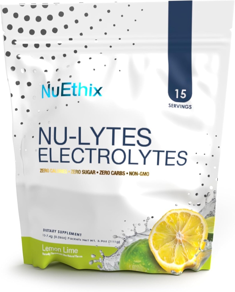 NuEthix Formulations NU-LYTES Electrolytes Hydration Packets, Zero Calories, Zero Sugar, Zero Carbs, Non-GMO, Electrolytes Powder Packets, Glycogen Replenishment, 15 Servings (Límo de limón)