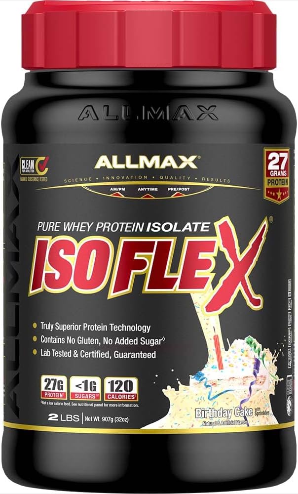 ALLMAX Nutrition - ISOFLEX Whey Protein Powder, Whey Protein Isolate, 27g Protein, Pastel de cumpleaños, 2 libras