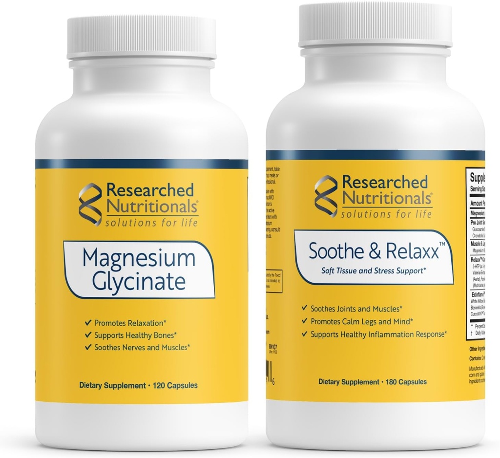 Nutricionales investigados Soothe &amp; Relaxx Bundle con Magnesium Glycinate - Alta Absorción Magnesium + Mind &amp; Muscle Support*