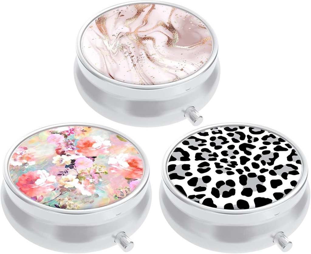 3 Caja de Píldora de Empaquetado, Caja de Píldora Pequeña para Purse &amp; Pocket, Cute Travel Medicine Organizer, Portable Medicine Container Holder to Hold Vitamins, Medication, Fish Oil &amp; Supplement, Pink Flowers Leopard