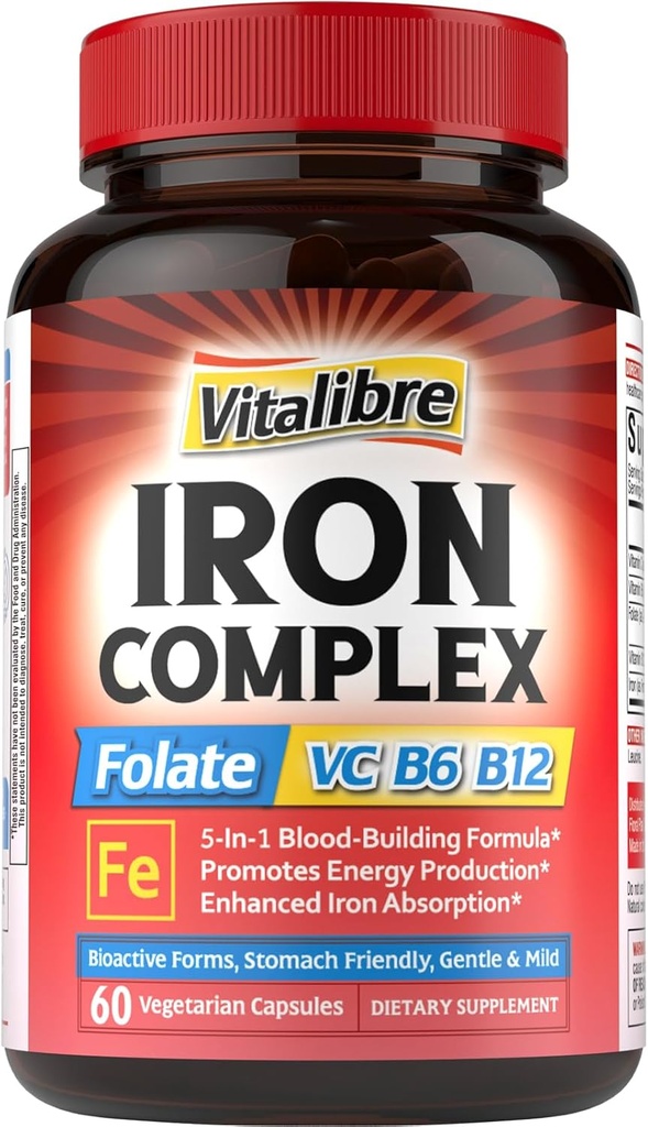 Suplemento de hierro para hombres y mujeres, con vitaminas C, B6, B12 &amp; Folate for Iron Deficiency, Blood Building " Energy Support, Stomach Friendly, Better Absorption, Non-GMO, No Gluten, 60 Vegan Caps