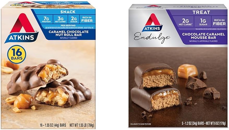 Atkins Caramel Chocolate Nut Roll Snack Bar, Protein Snack, High in Fiber, 2g Sugar, 16 Conde &amp; Endulge Chocolate Caramel Mousse Bar, Dessert Favorite, 1g Sugar, High in Fiber, 5 Conde