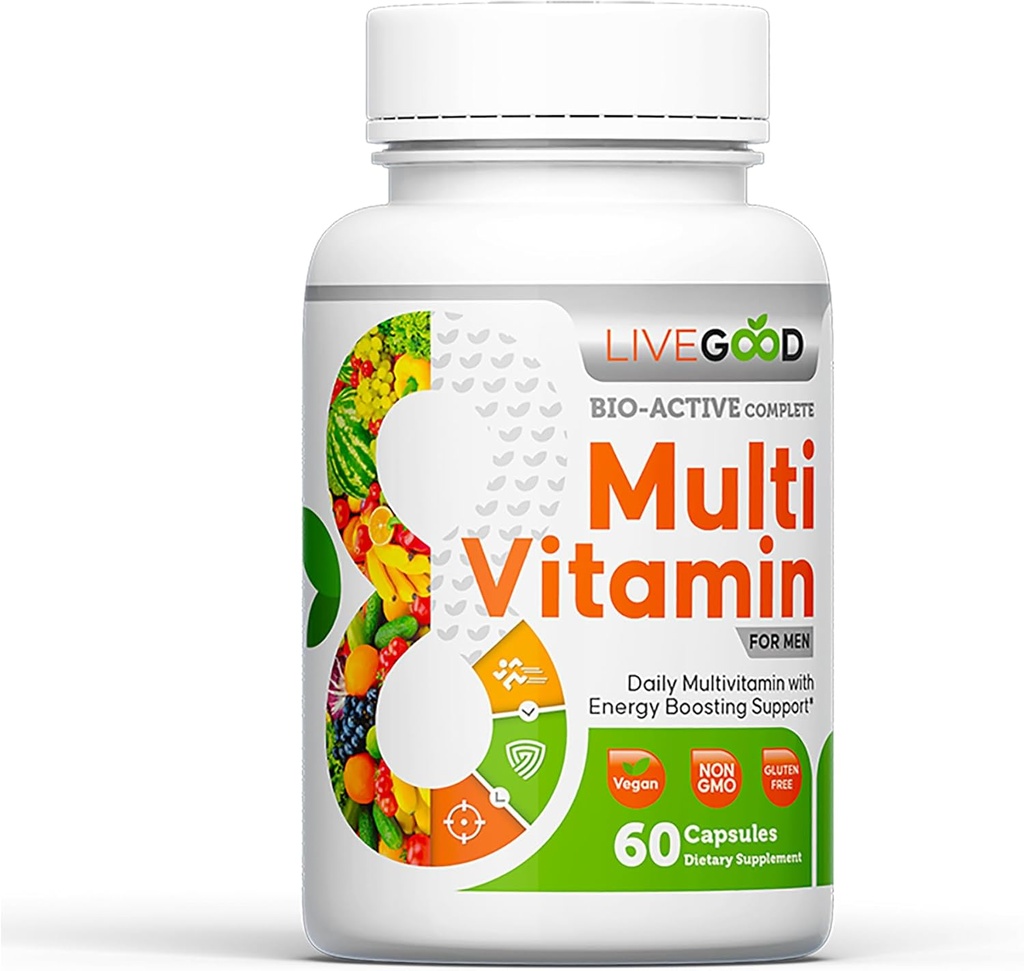LiveGoodTM Hombres Bio-Active Complete Multivitamin, Suplemento diario con vitamina A, B12, C, E, Lycopene, Vegan, 60 cápsulas