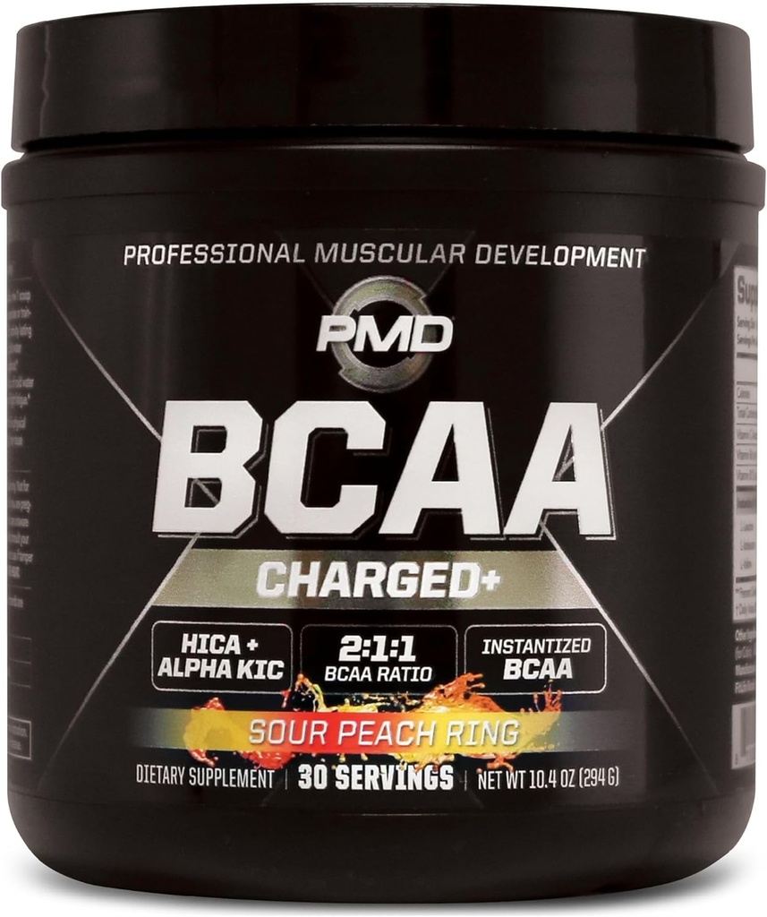 PMD Sports BCAA Charged Delicious Amino Acid Drink Mix for Performance and Recovery - Increase Muscle Function for Workout and Daily Energy - Sour Peach Ring (30 Servings)