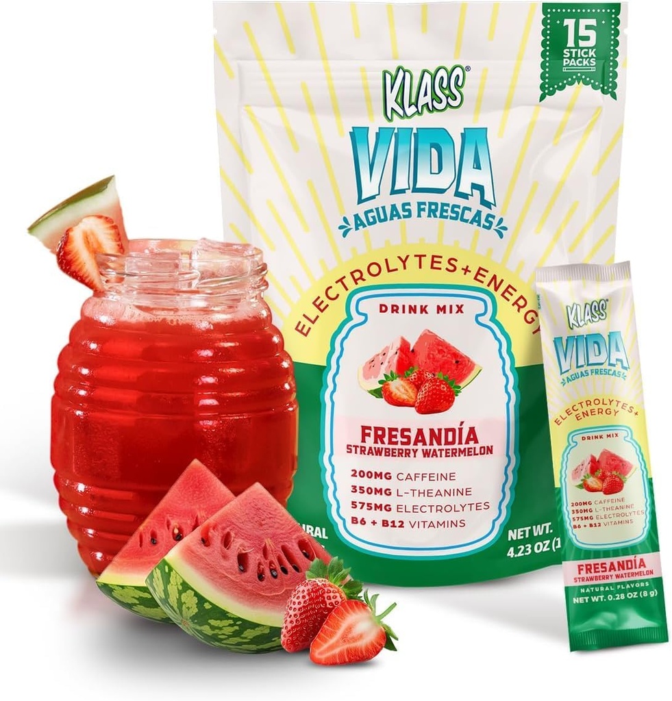 Hydration + Energy Electrolyte Drink Mix – Strawberry Watermelon Agua Fresca Flavor | Sugar-Free Powder with Caffeine, L-Theanine, Coconut Water & Minerals | 15 Single-Serve Stick Packs