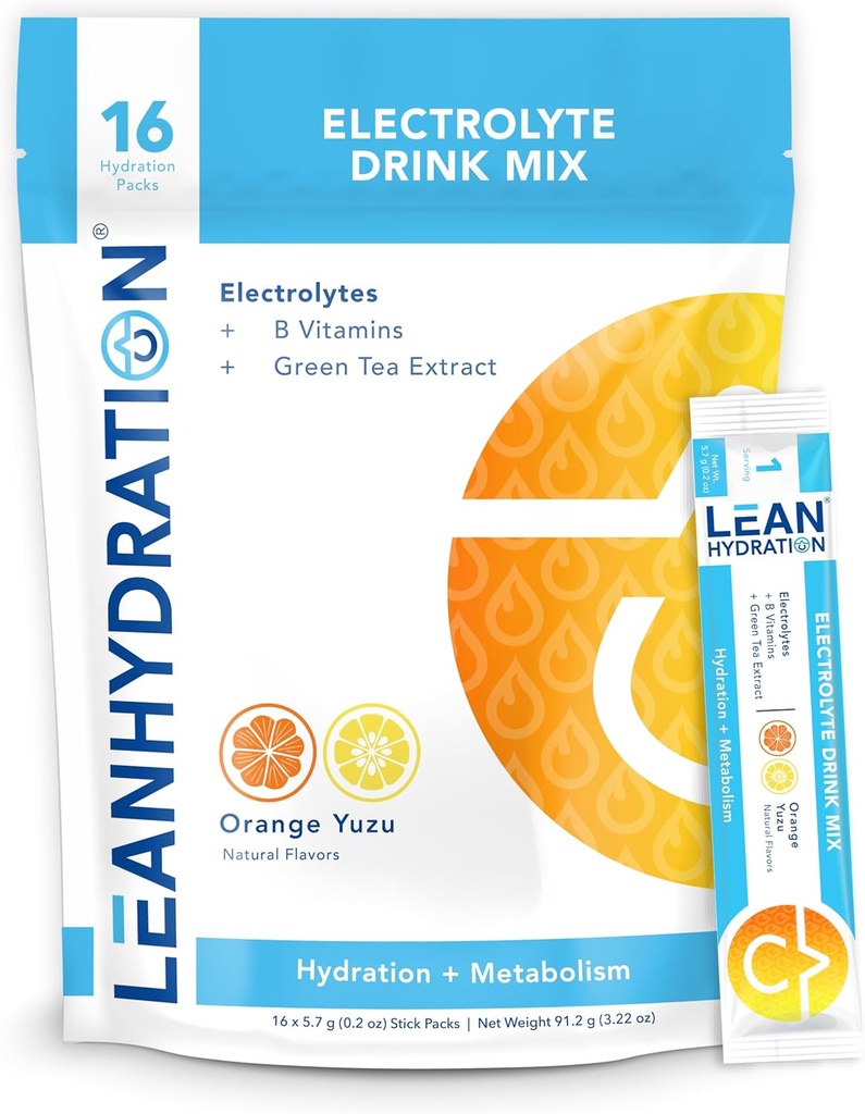 LEAN Hydration Daily Electrolyte Packets Drink Mix tención Cero Calories, Cero Azúcar más Vitaminas, Minerales &amp; Más ← 16 ct (Orange Yuzu)