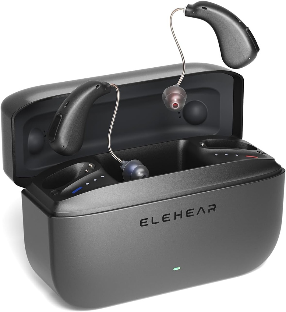 Alfa Hearing Aids, AI Noise Cancellation OTC Hearing Aids for Seniors &amp; Adults, Super Clear Sound, Long-Lasting Battery Operated Rechargeable Hearing Aid, 4 Modes, Metallic Dark Grey