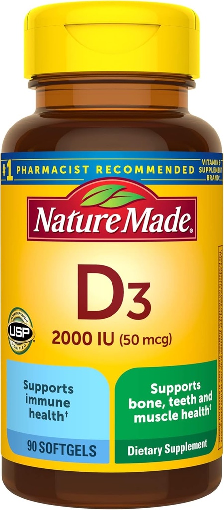 Natural Made Vitamina D3 2000 UI (50 mcg), Suplemento de vitamina D para Bone, Dientes, Muscle e Immune Health Support, 90 Softgels, 90 Day Supply