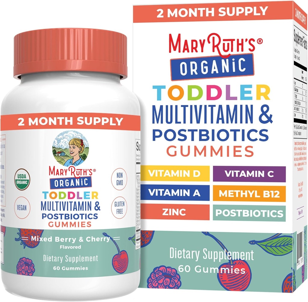 MaryRuth Orgánicas Toddler Gummies Multivitamínicos + Postbióticos TENIDO USDA Orgánica tóxica Vitaminas para Niños Edades 2+  sometida Apoyo Immune Silencio Vitamina C TEN Vitamina D3 ANTE Vitamina A Silencio Zinc