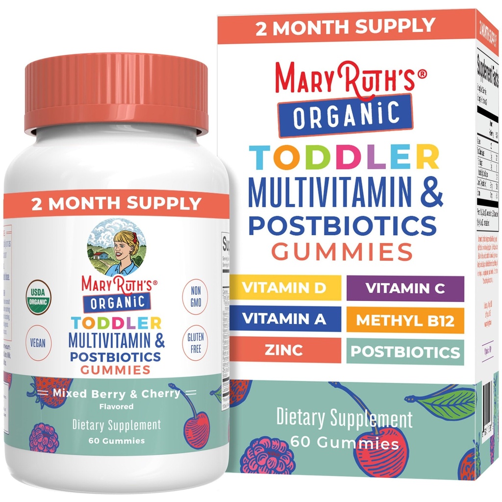 MaryRuth Orgánicas Toddler Gummies Multivitamínicos + Postbióticos TENIDO USDA Orgánica tóxica Vitaminas para Niños Edades 2+  sometida Apoyo Immune Silencio Vitamina C TEN Vitamina D3 ANTE Vitamina A Silencio Zinc