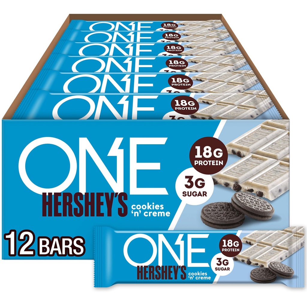 ONE Protein Bares, Hershey's Cookies 'n' Creme, Gluten Gratis con 18g Protein y 3g Azúcar, Pantry Staples, 2.12 oz (12 Conde)