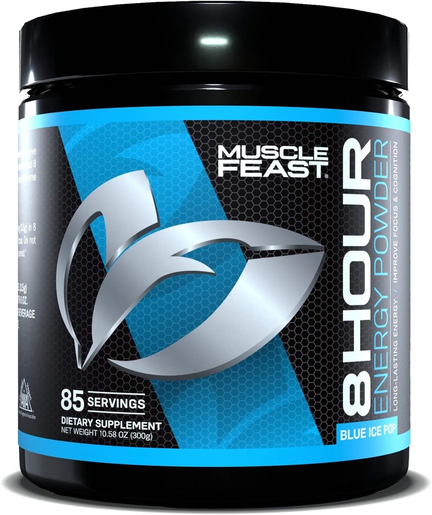 Muscle Feast 8 Hour Energy Keto-Friendly Sugar-Free Zero Calorie Pre-Workout, Blue Ice Pop, 300g