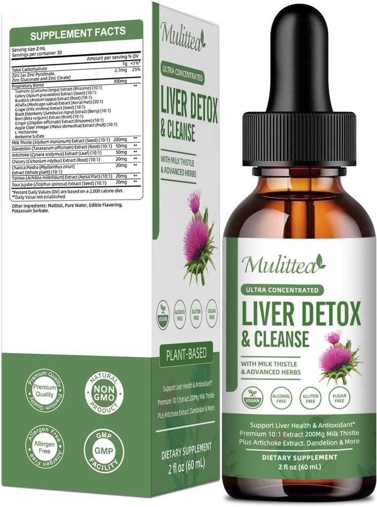 Liver Health Liquid Drops -Support Liver Cleanse Detox &amp; Repair with Artichoke Milk Thistle Silymarin Extract, Dandelion,Turmeric, Berberine to Renew w/21 Potent Herb-Nutrients-60ml