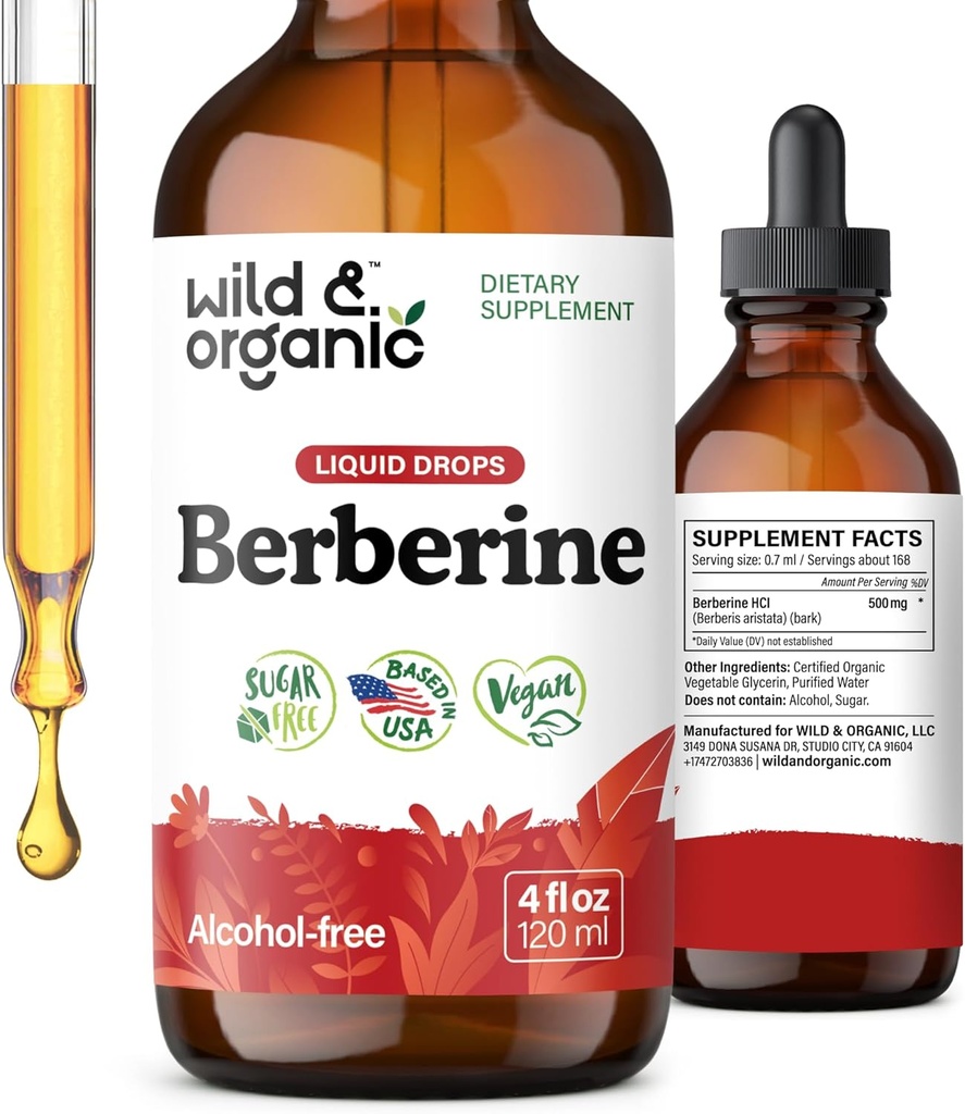 Wild &amp; Organic Berberine Drops 500mg - Liquid Berberine Supplement HCL for General Support - Pure Extract Tincture - Vegan, Alcohol &amp; Sugar-Free - 4 fl oz