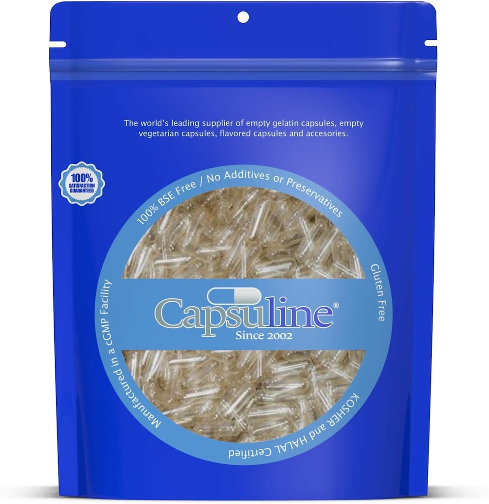 Capsuline Size 4 Empty Gelatin Capsules, Clear - 50000 Count ¦ Gluten Free, Kosher, Non-GMO Certified ← Pure Bovine Pill Caps For DIY Supplement Filling