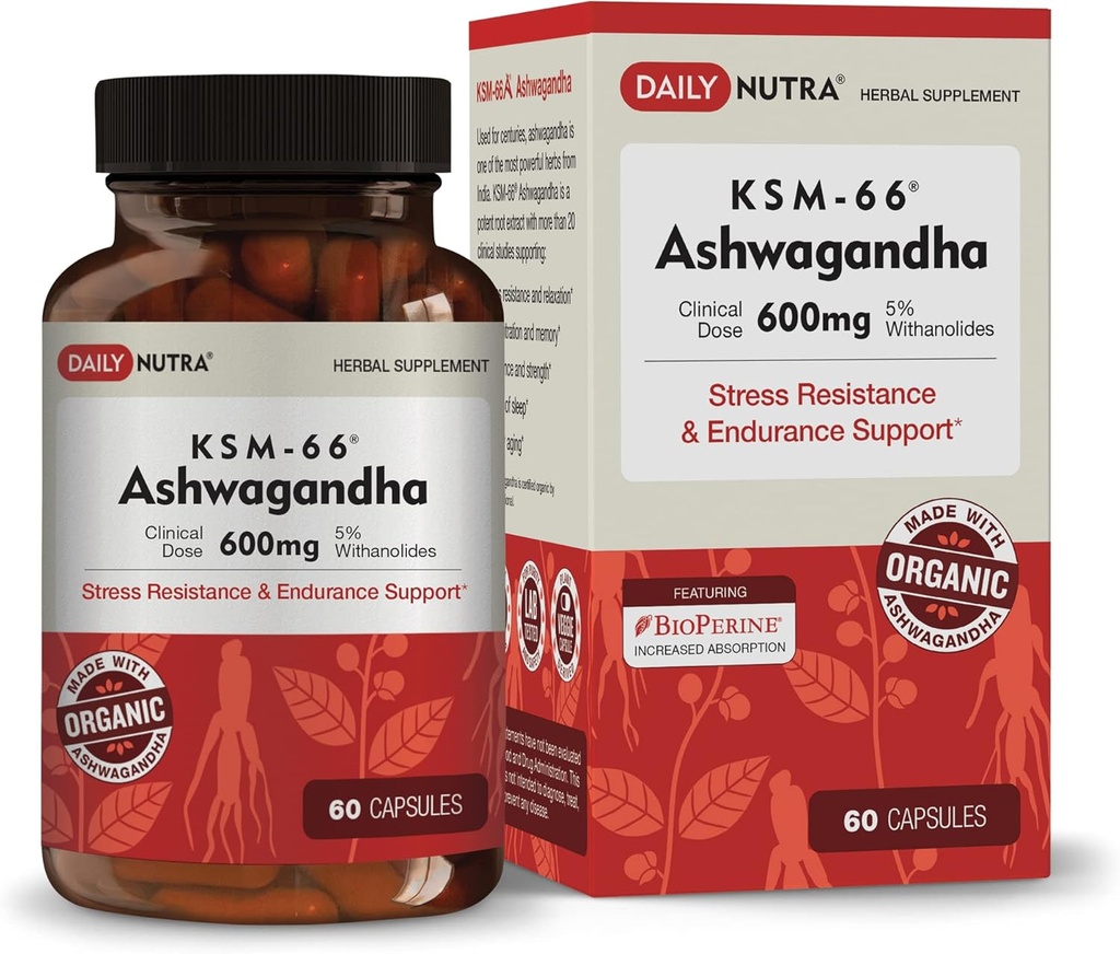 DailyNutra KSM-66 Ashwagandha 600mg Extracto Orgánico de raíces - Suplemento de alta potencia con 5% Withanolides viv Alimenta la Cansancio, apoya la relajación, el enfoque, la energía, el crecimiento muscular (60 cápsulas)