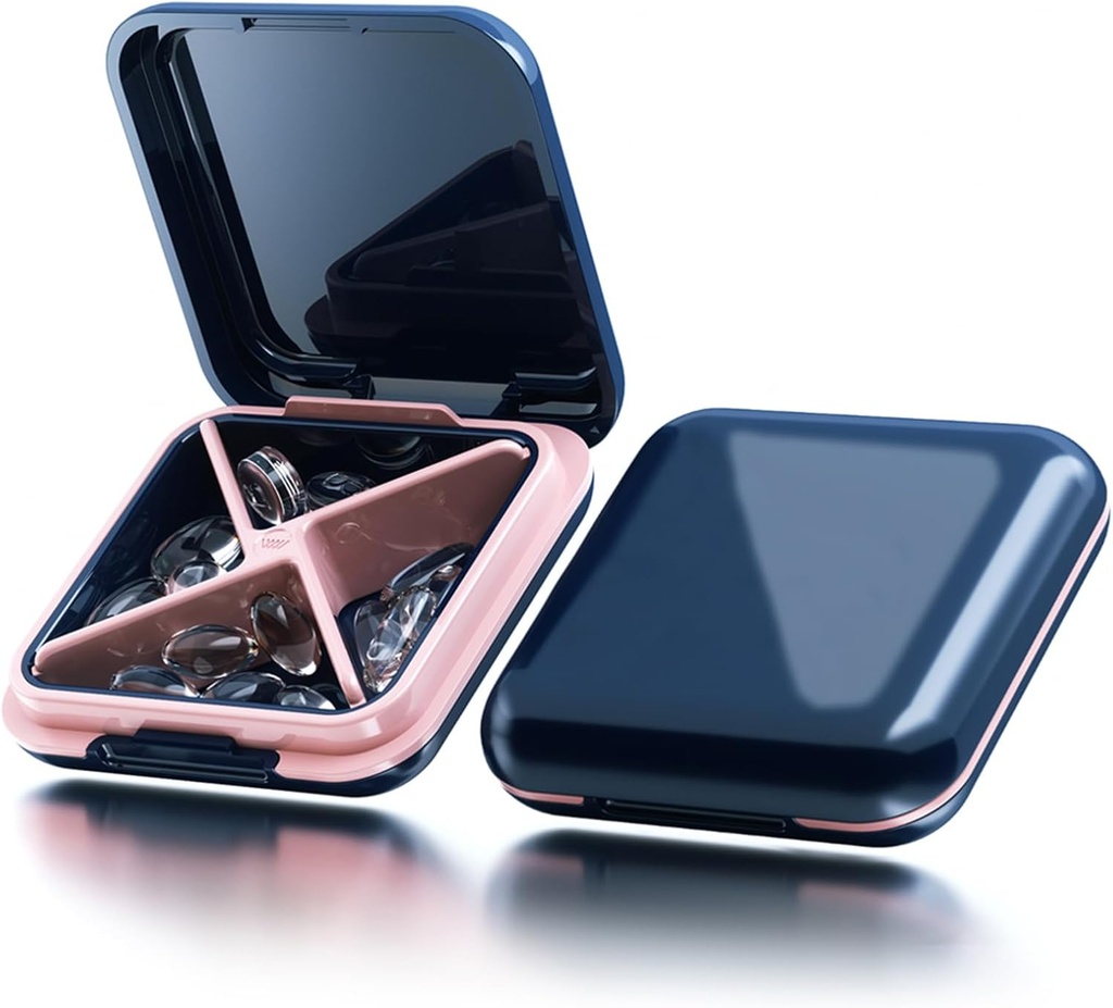 Caja pequeña de pill Caja impermeable caja de viaje caja de carga diaria portátil contenedor de pill Purse 4 Compartimientos Pocket Medicina compacta Organizador de vitaminas, aceites frescos,Suplementos,Medicación (Blue)