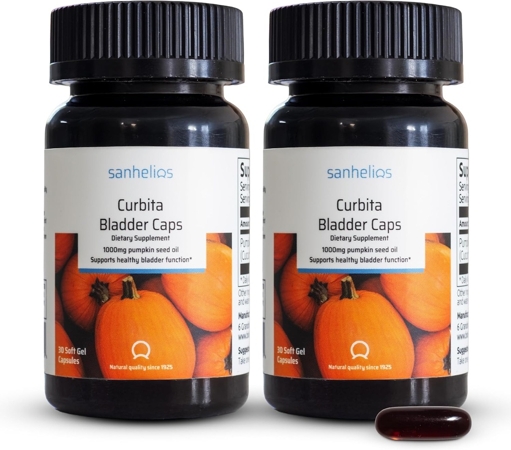 Sanhelios Curbita Vejiga Caps Pumpkin Seed Oil 1000mg - Función de la vejiga saludable Suplemento de apoyo para hombres y mujeres - No GMO, sin azúcar, libre de conservación, sin gluten - 60 cápsulas - 2 Pack