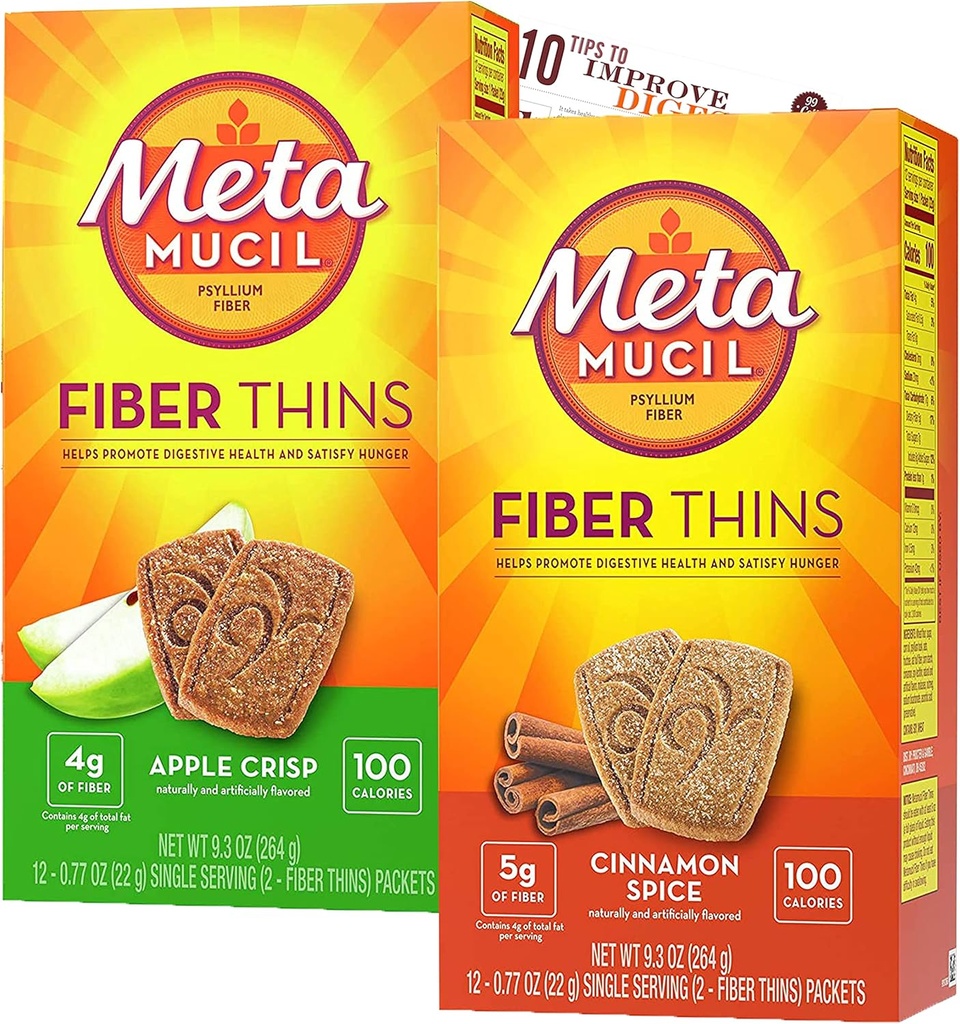 Metamucil Fiber Thins Fiber Suplemento con Bleam Digestive Health Support Tip Card Psyllium Fiber Bares - 12CT Apple Crisp & 12CT Cinnamon Spice - Set
